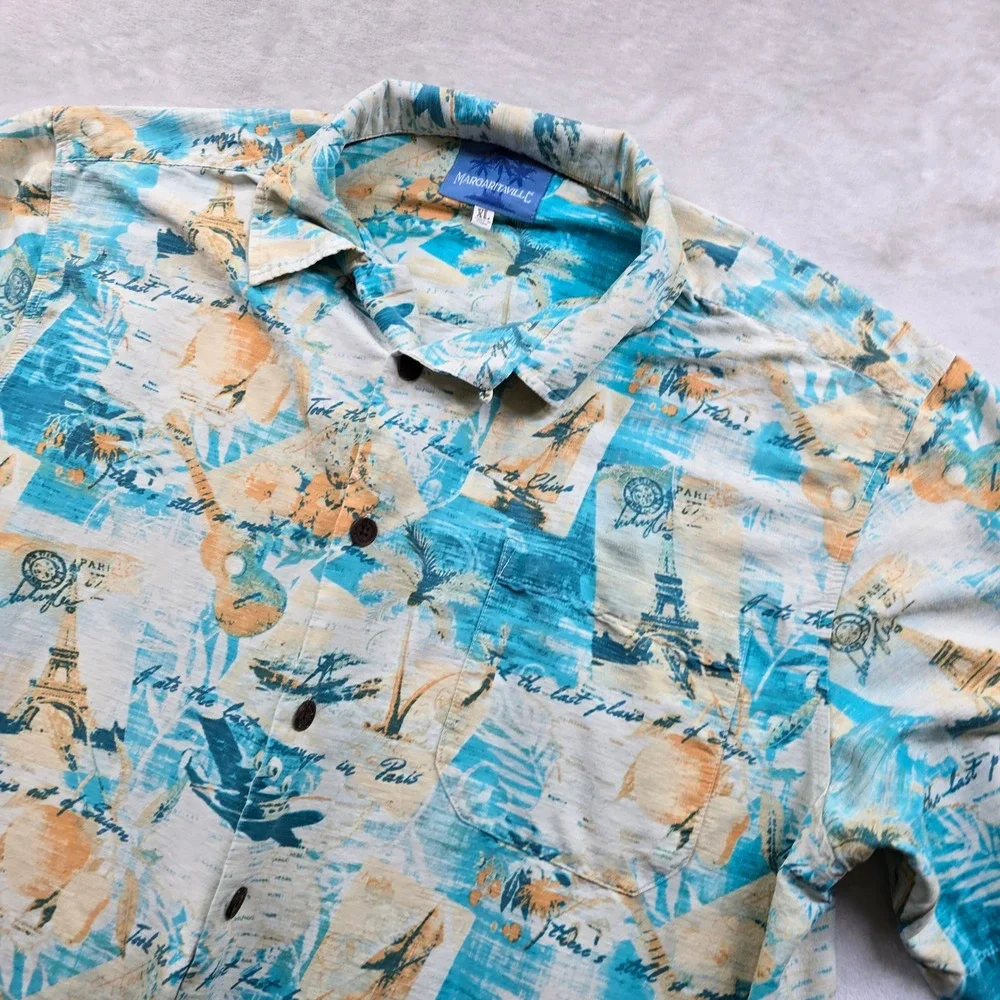 Margaritaville Silk Shirt Mens XL Blue Tropical Travel Eiffel Tower Button‎ Down